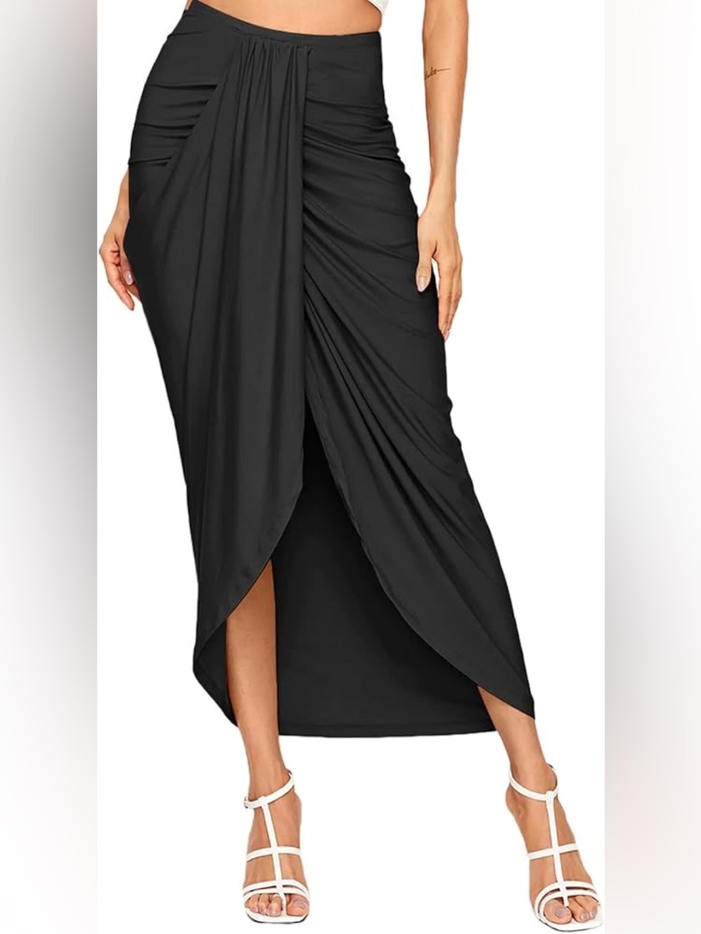 SHEIN Slit Ruched Bodycon Midi Skirt Asymmetrical Hem Wrap Long Draped Medium